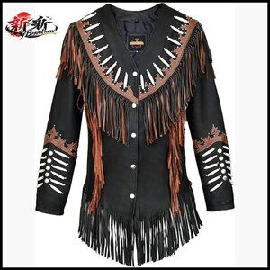 Genuine Cowhide Leather Jacket with Beaded Fringe Tassels